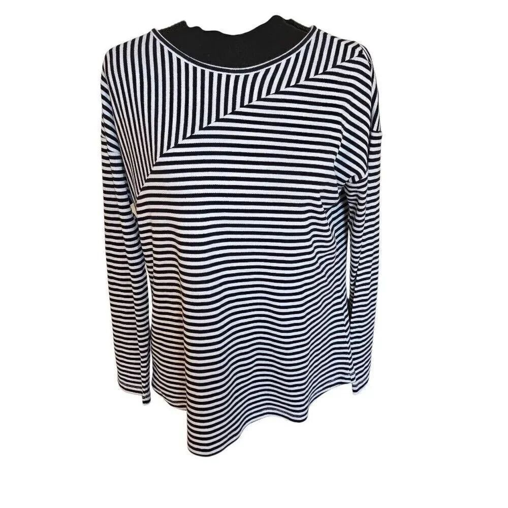 T By Talbots Womens Striped Cotton Blend Ribbed Knit Tee Black White Small